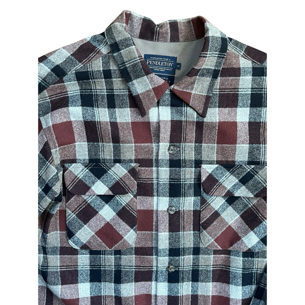 Pendleton Board Shirt Mens Medium Cream Brown Plaid Flannel Wool Loop Collar